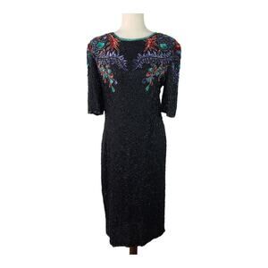 Carina Black Green Red Blue Sequins Beads Baubles Vintage Dress Medium